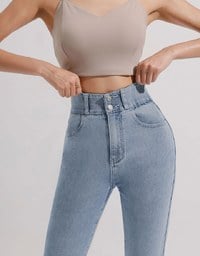 Cooling Fabric Double Button Jeans Denim Skinny Pants with Heart Pocket Stitching