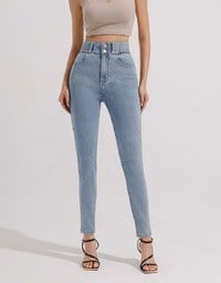 Cooling Fabric Double Button Jeans Denim Skinny Pants with Heart Pocket Stitching
