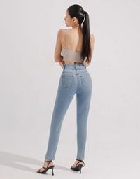 Cooling Fabric Double Button Jeans Denim Skinny Pants with Heart Pocket Stitching