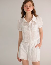 Embroidered Bow Lace Cotton Shorts with Scallop Hem