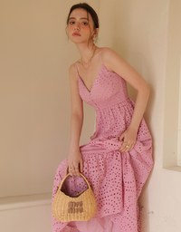 Boho Bohemian Style V Neck Eyelet Lace Tiered Padded Maxi Dress