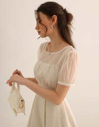 Layered Mesh Puff Sleeve Flare Mini Dress