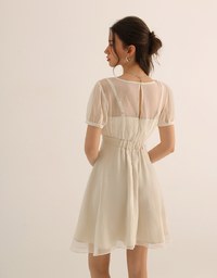 Layered Mesh Puff Sleeve Flare Mini Dress
