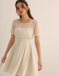 Layered Mesh Puff Sleeve Flare Mini Dress