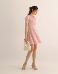 Layered Mesh Puff Sleeve Flare Mini Dress