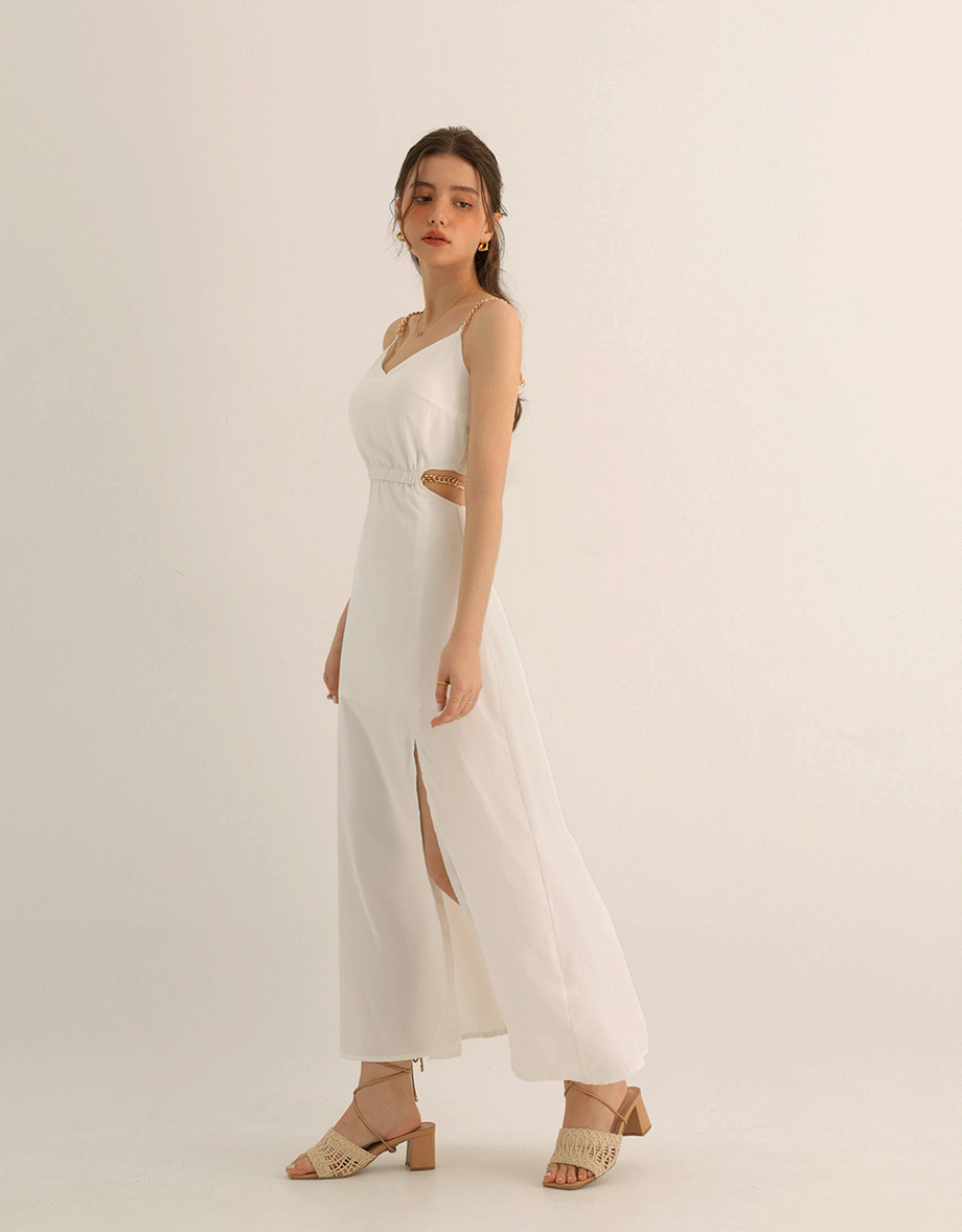 Gold Chain Spaghetti Strap Slit Padded Maxi Dress