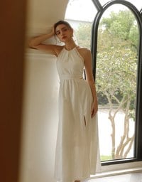 Side Cut Out Padded Maxi Dress with Lace Halter Neckline