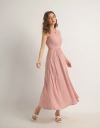 Side Cut Out Padded Maxi Dress with Lace Halter Neckline