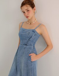 Spaghetti Strap Washed Jeans Denim Frayed Hem Maxi Dress
