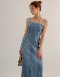 Spaghetti Strap Washed Jeans Denim Frayed Hem Maxi Dress