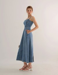 Spaghetti Strap Washed Jeans Denim Frayed Hem Maxi Dress