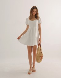 Sweetheart Neckline Puff Sleeve Tiered Mini Dress with Button Detail