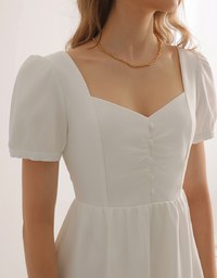 Sweetheart Neckline Puff Sleeve Tiered Mini Dress with Button Detail