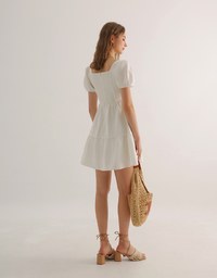 Sweetheart Neckline Puff Sleeve Tiered Mini Dress with Button Detail