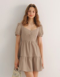 Sweetheart Neckline Puff Sleeve Tiered Mini Dress with Button Detail