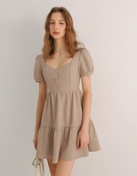 Sweetheart Neckline Puff Sleeve Tiered Mini Dress with Button Detail