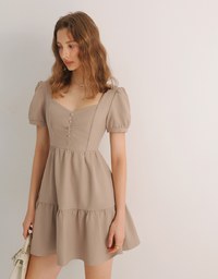 Sweetheart Neckline Puff Sleeve Tiered Mini Dress with Button Detail