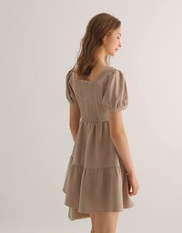 Sweetheart Neckline Puff Sleeve Tiered Mini Dress with Button Detail