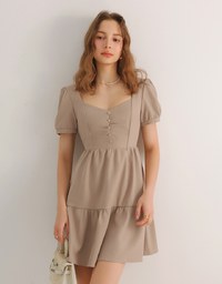Sweetheart Neckline Puff Sleeve Tiered Mini Dress with Button Detail
