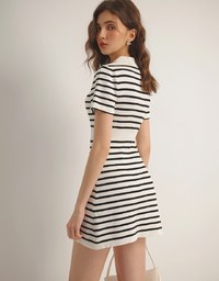 Striped Knit Mini Dress with Collar and Decorative Buttons
