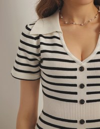 Striped Knit Mini Dress with Collar and Decorative Buttons