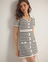 Striped Knit Mini Dress with Collar and Decorative Buttons