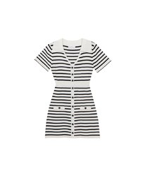 Striped Knit Mini Dress with Collar and Decorative Buttons