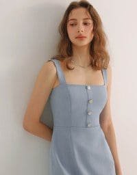 Adjustable Buckled Strap Jeans Denim Mini Dress with Front Button Detail