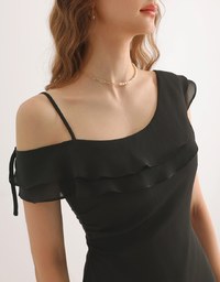 Asymmetric Ruffled Chiffon Cold Shoulder Padded Mini Dress