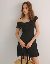 Asymmetric Ruffled Chiffon Cold Shoulder Padded Mini Dress