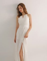 Keyhole Cut Out Tiered Halterneck Maxi Dress with Nautical Charm Ties
