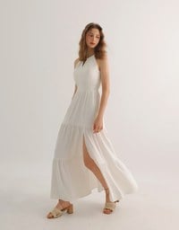 Keyhole Cut Out Tiered Halterneck Maxi Dress with Nautical Charm Ties
