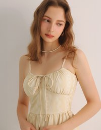 波浪直條花紋綁帶細肩帶長洋裝(附胸墊)