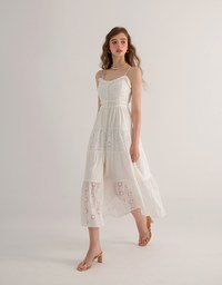 Floral Eyelet Lace Button Front Tiered Cami Padded Maxi Dress
