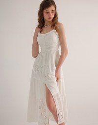 Floral Eyelet Lace Button Front Tiered Cami Padded Maxi Dress