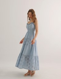 Floral Eyelet Lace Button Front Tiered Cami Padded Maxi Dress