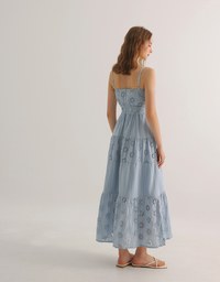 Floral Eyelet Lace Button Front Tiered Cami Padded Maxi Dress