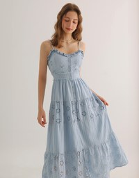 Floral Eyelet Lace Button Front Tiered Cami Padded Maxi Dress