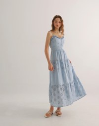 Floral Eyelet Lace Button Front Tiered Cami Padded Maxi Dress