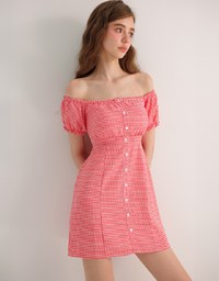 Gingham Off Shoulder Puff Sleeve Button Front Padded Mini Dress