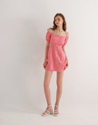 Gingham Off Shoulder Puff Sleeve Button Front Padded Mini Dress
