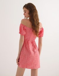 Gingham Off Shoulder Puff Sleeve Button Front Padded Mini Dress