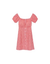 Gingham Off Shoulder Puff Sleeve Button Front Padded Mini Dress