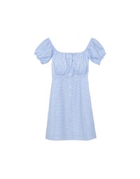 Gingham Off Shoulder Puff Sleeve Button Front Padded Mini Dress
