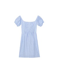 Gingham Off Shoulder Puff Sleeve Button Front Padded Mini Dress