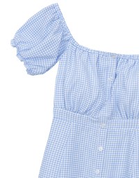 Gingham Off Shoulder Puff Sleeve Button Front Padded Mini Dress