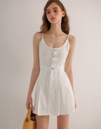 Spaghetti Strap Flared Jeans Denim Mini Dress with Front Button Detail