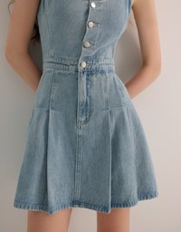 Spaghetti Strap Flared Jeans Denim Mini Dress with Front Button Detail