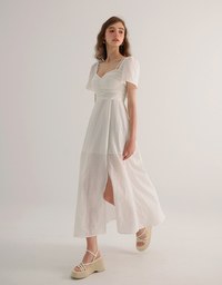 Sweetheart Puff Sleeve Ruched Bodice Check Padded Maxi Dress