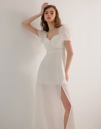 Sweetheart Puff Sleeve Ruched Bodice Check Padded Maxi Dress